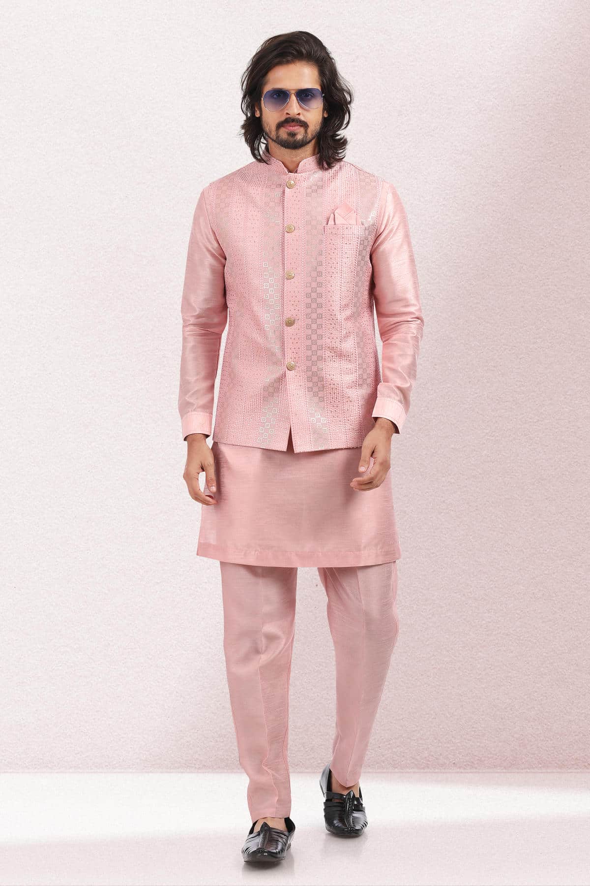 Pink Colour Art Silk Thread Work Kurta Pajama With Jacket