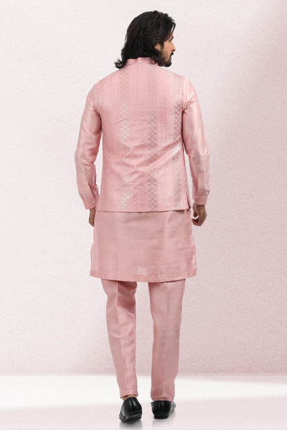 Pink Colour Art Silk Thread Work Kurta Pajama With Jacket