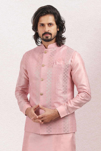 Pink Colour Art Silk Thread Work Kurta Pajama With Jacket