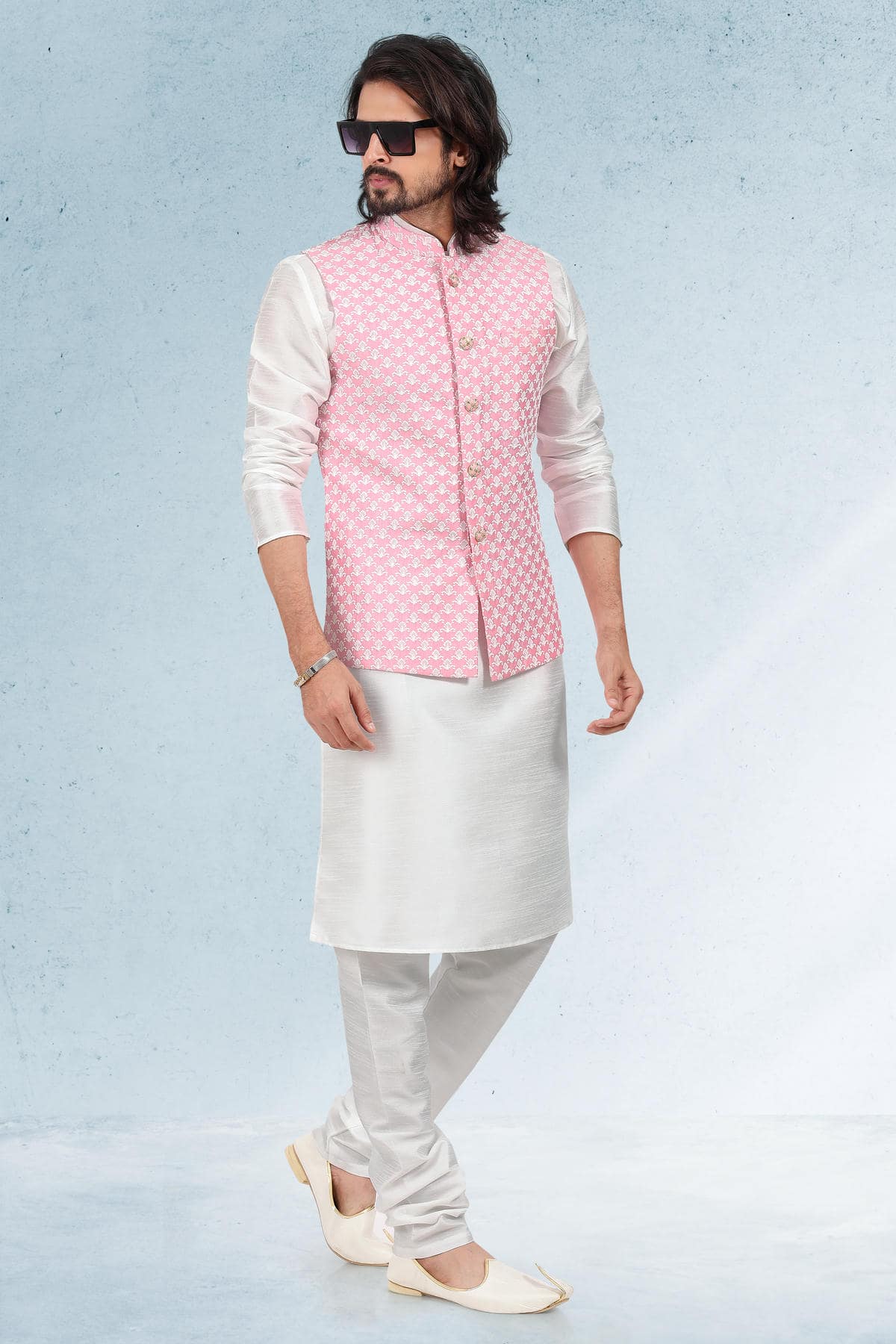 Pink Colour Art Silk Thread Work Kurta Pajama With Jacket