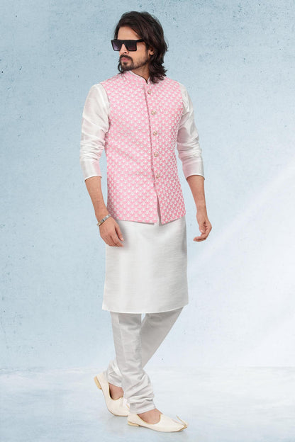 Pink Colour Art Silk Thread Work Kurta Pajama With Jacket