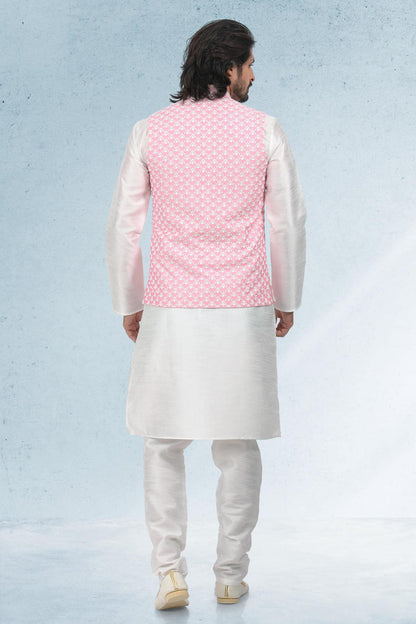 Pink Colour Art Silk Thread Work Kurta Pajama With Jacket