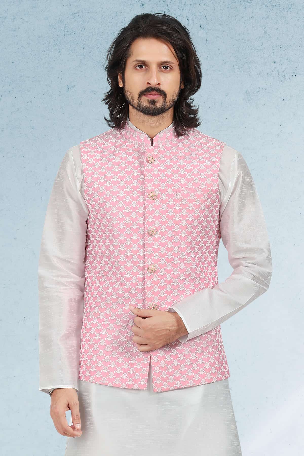 Pink Colour Art Silk Thread Work Kurta Pajama With Jacket