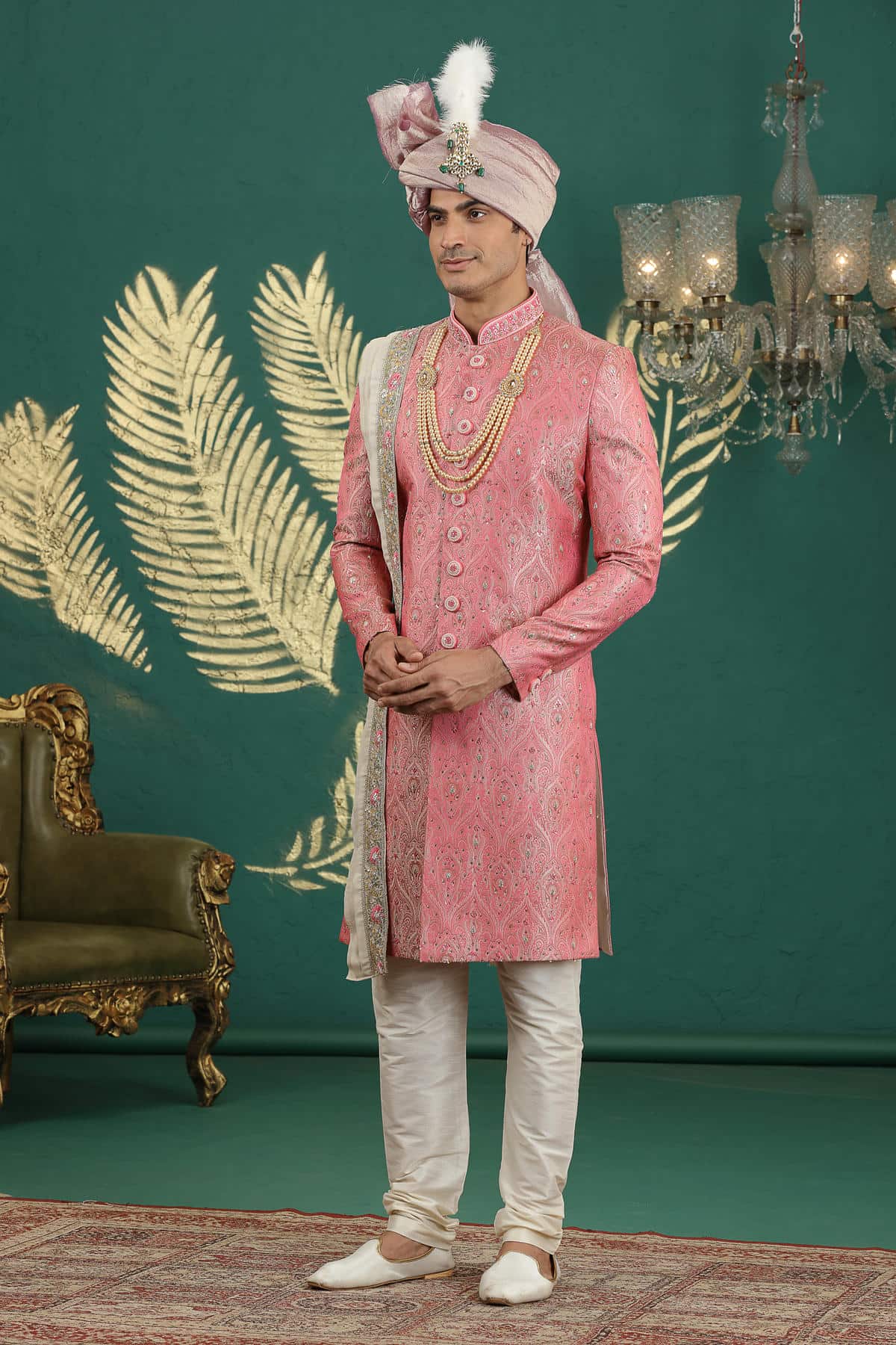 Pink Colour Banarasi Jacquard Embroidery Sherwani
