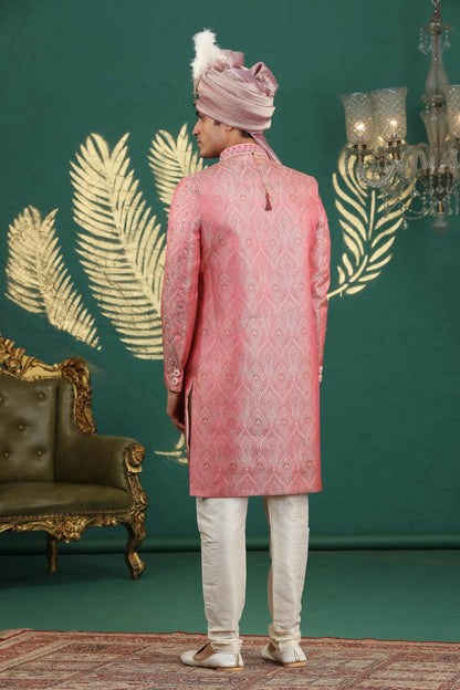 Pink Colour Banarasi Jacquard Embroidery Sherwani