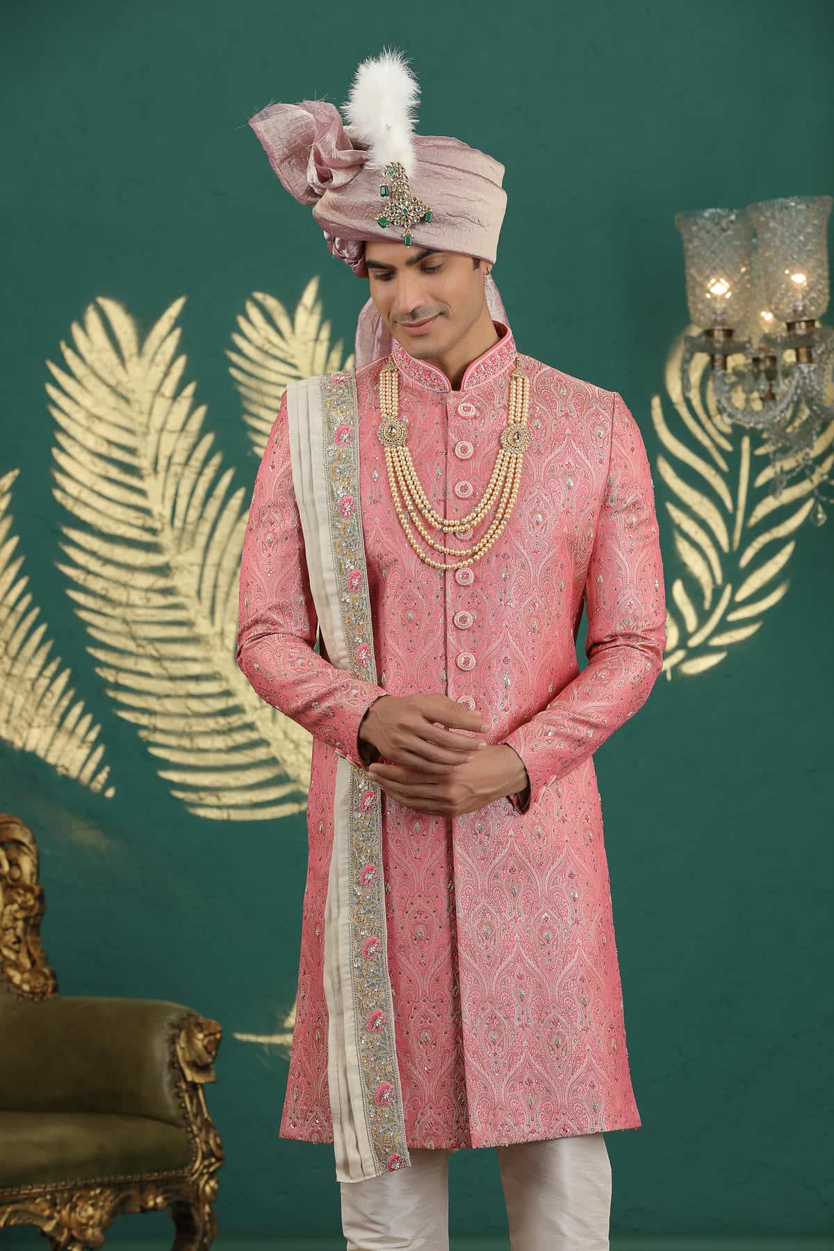 Pink Colour Banarasi Jacquard Embroidery Sherwani