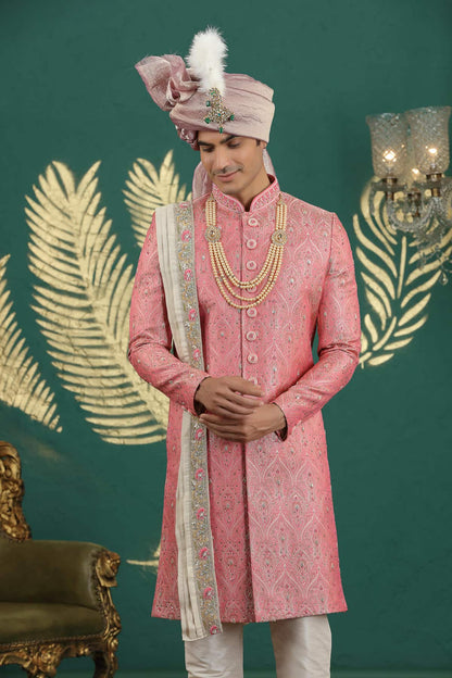 Pink Colour Banarasi Jacquard Embroidery Sherwani