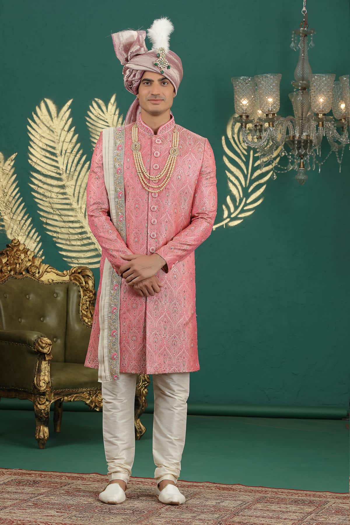 Pink Colour Banarasi Jacquard Embroidery Sherwani