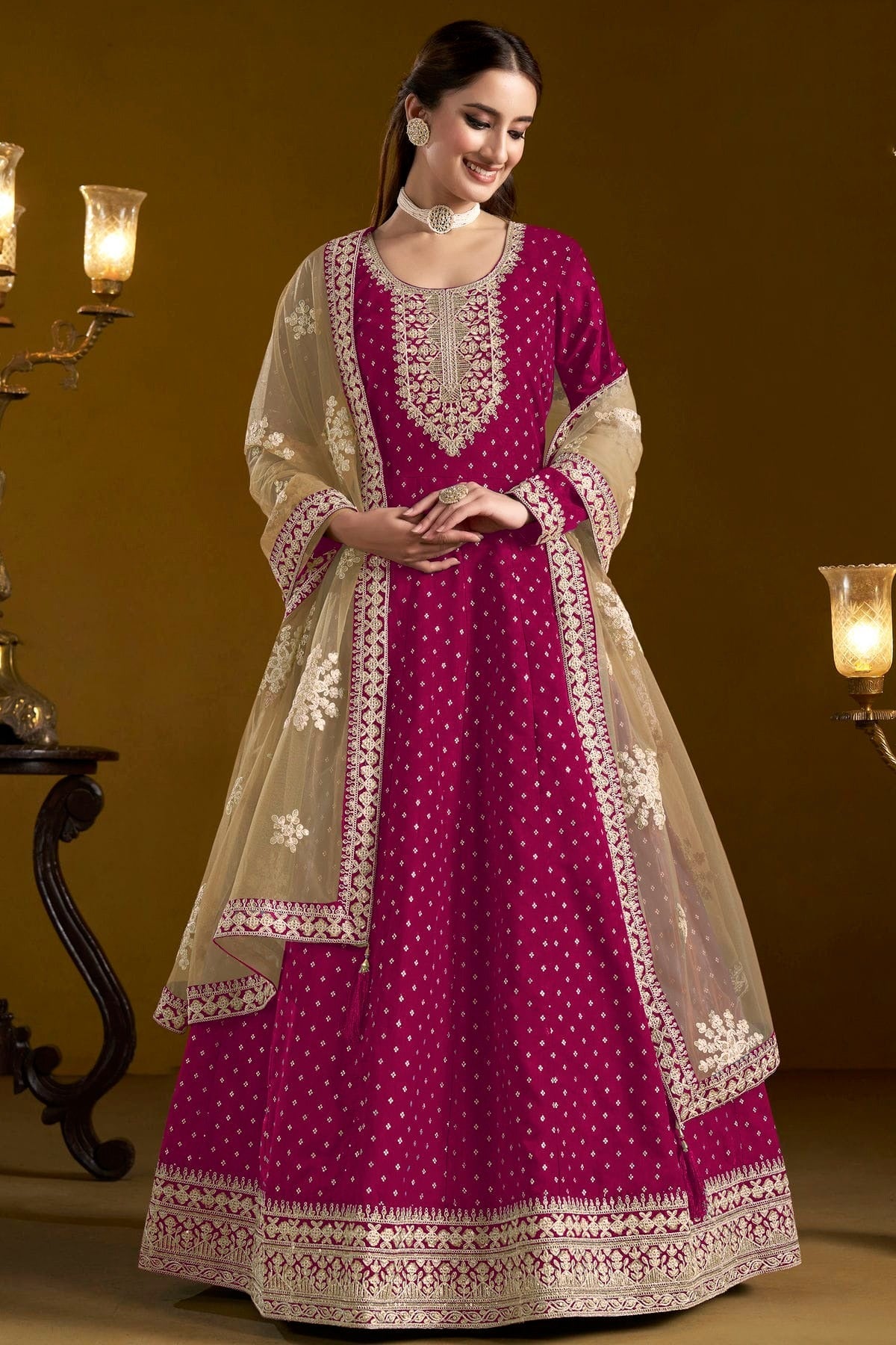 Pink Colour Chanderi Butti Semi Stitched Anarkali Suit SM1050652 A