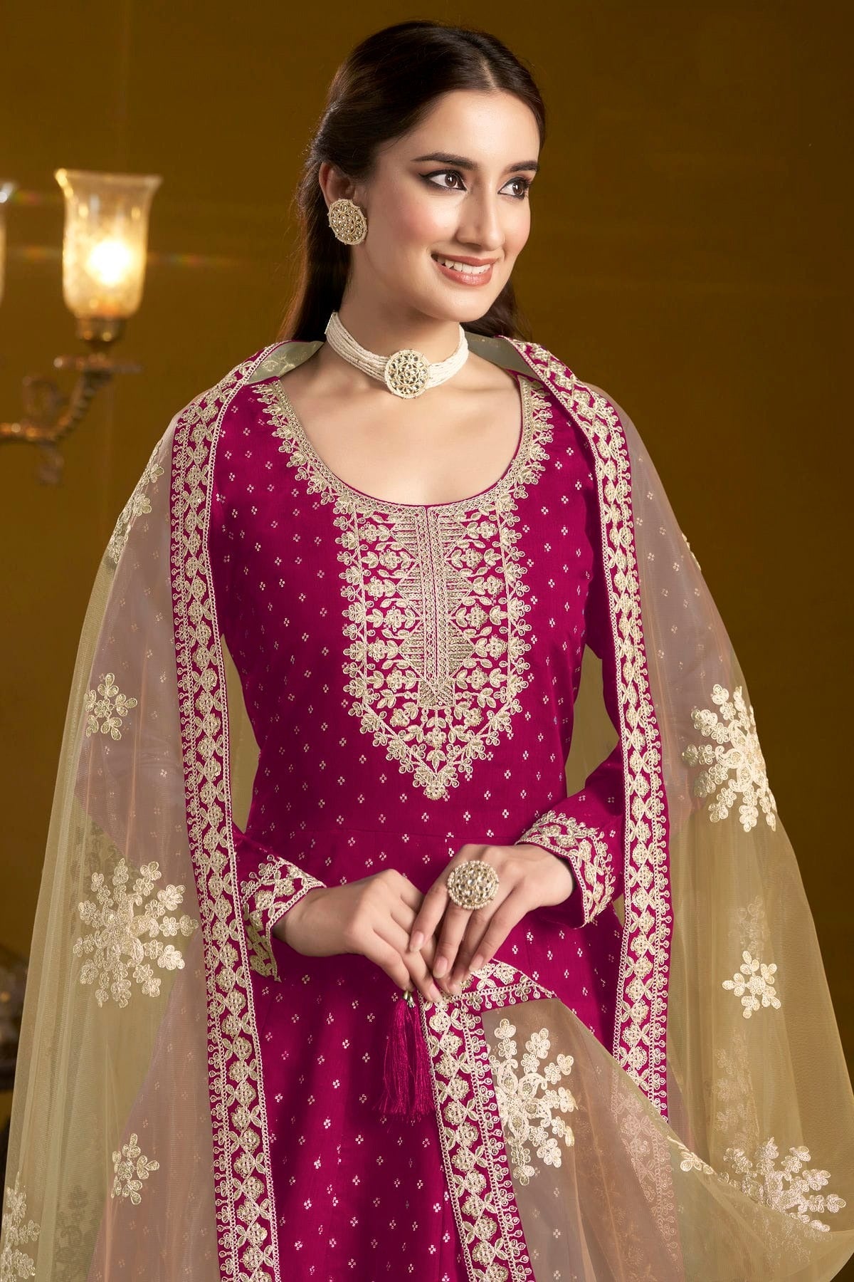 Pink Colour Chanderi Butti Semi Stitched Anarkali Suit SM1050652 B
