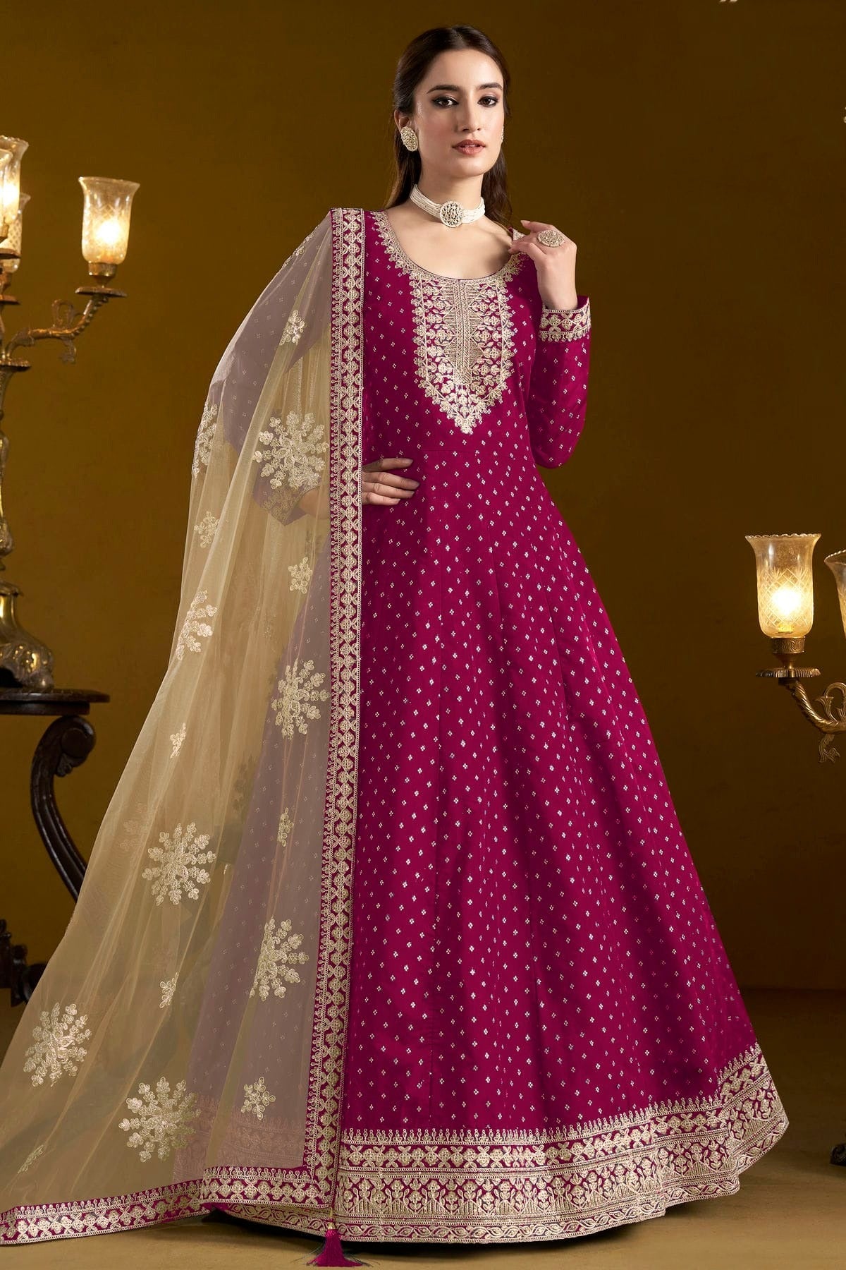 Pink Colour Chanderi Butti Semi Stitched Anarkali Suit SM1050652