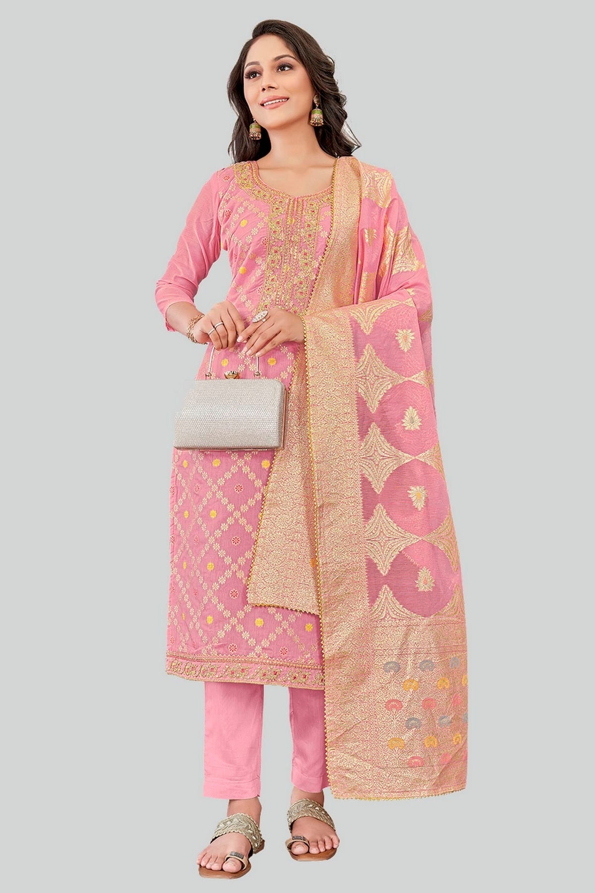 Pink Colour Chanderi Silk Pant Style Suit SM1110621
