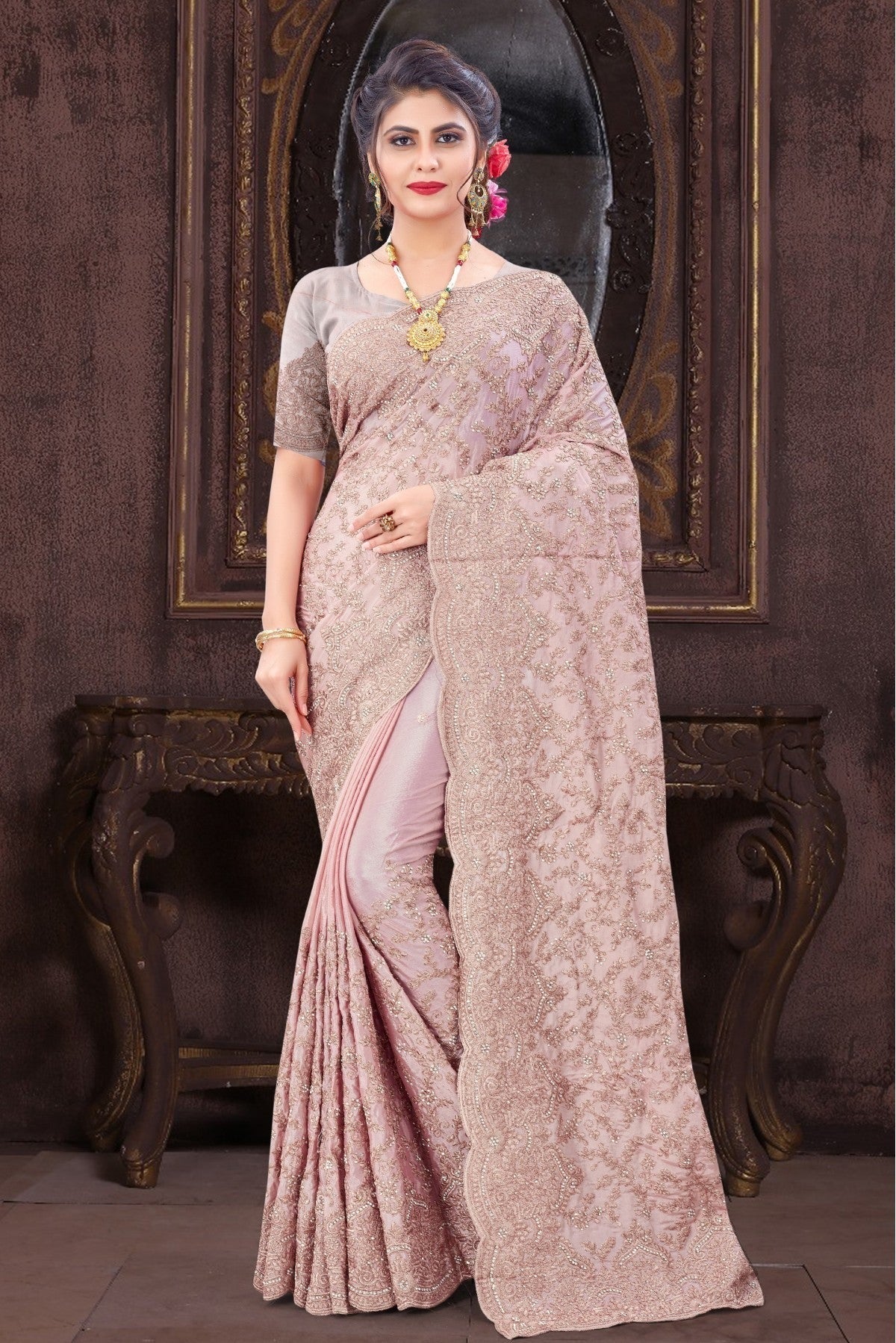 Pink Colour Chiffon Embroidery Saree SD1090404