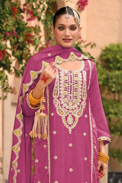 Pink Colour Chinon Embroidery Work Palazzo Pant Suit