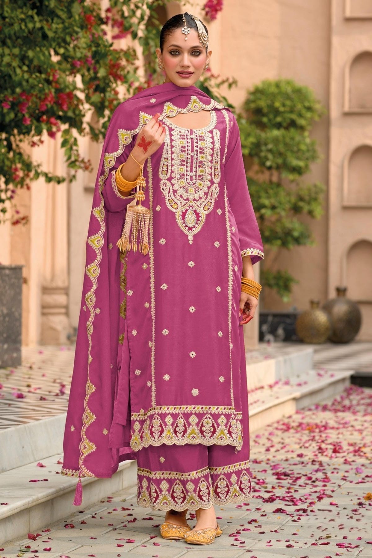 Pink Colour Chinon Embroidery Work Palazzo Pant Suit
