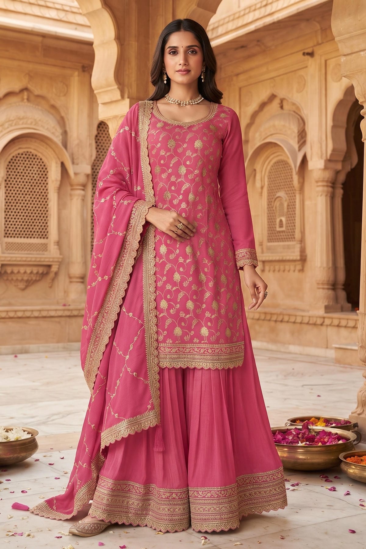Pink Colour Chinon Embroidery Work Palazzo Pant Suit