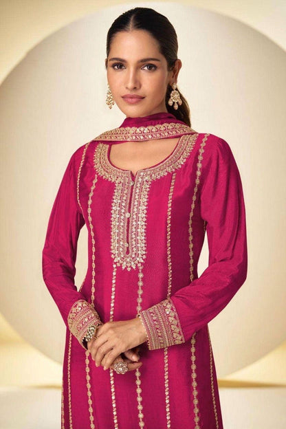 Pink Colour Chinon Embroidery Work Palazzo Pant Suit