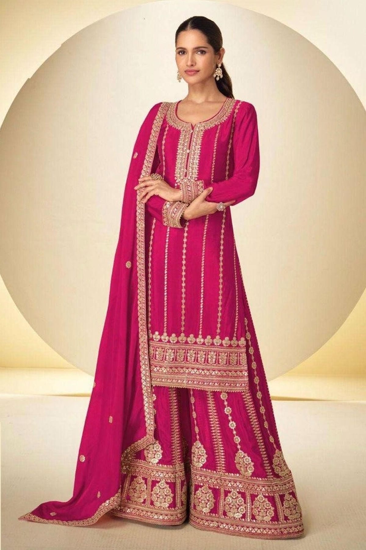Pink Colour Chinon Embroidery Work Palazzo Pant Suit