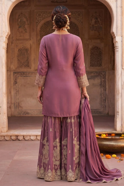 Pink Colour Chinon Embroidery Work Sharara Suit