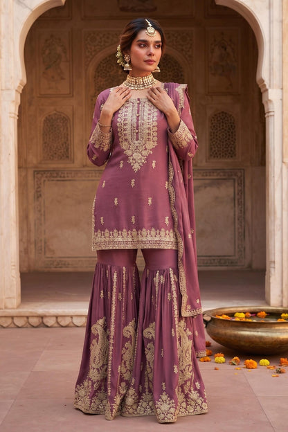 Pink Colour Chinon Embroidery Work Sharara Suit