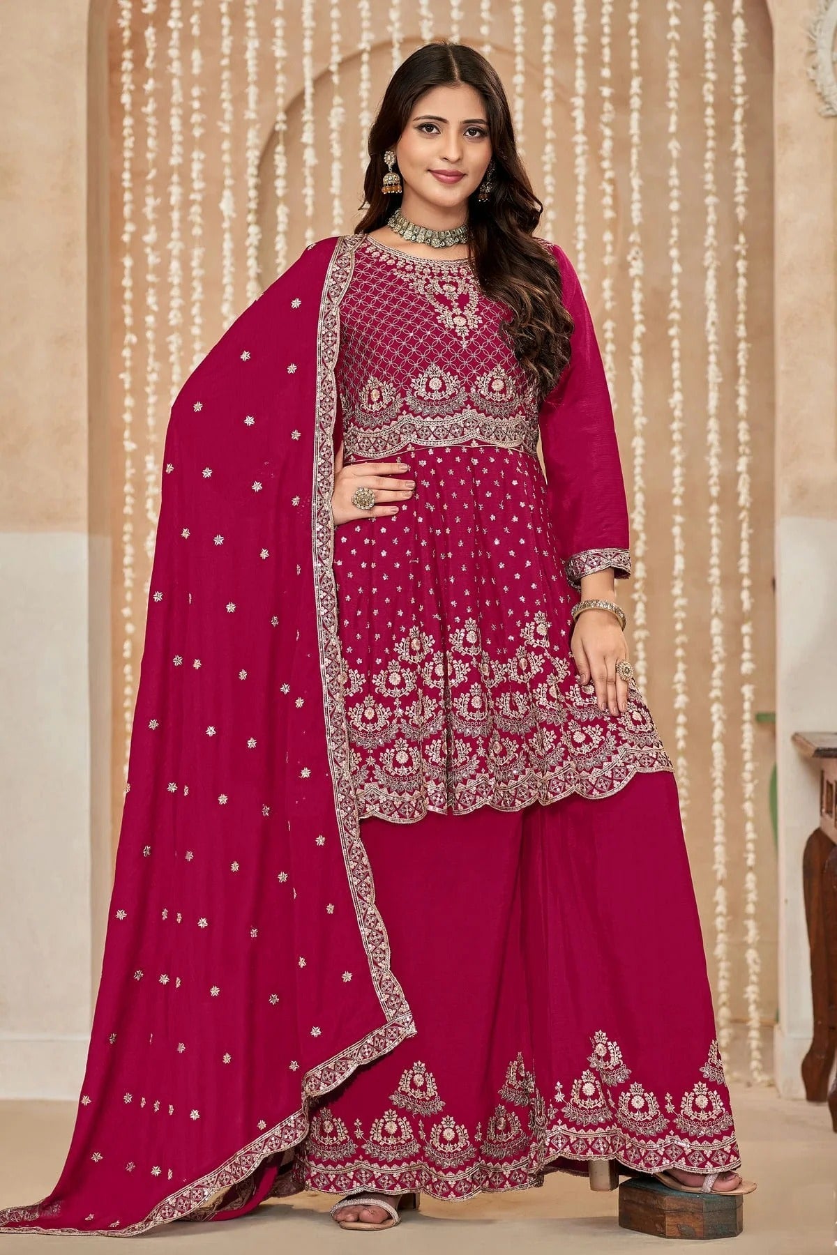 Pink Colour Chinon Palazzo Pant Suit SM1050587