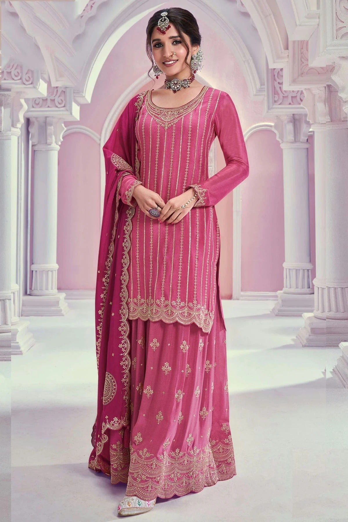Pink Colour Chinon Palazzo Pant Suit SM1140600