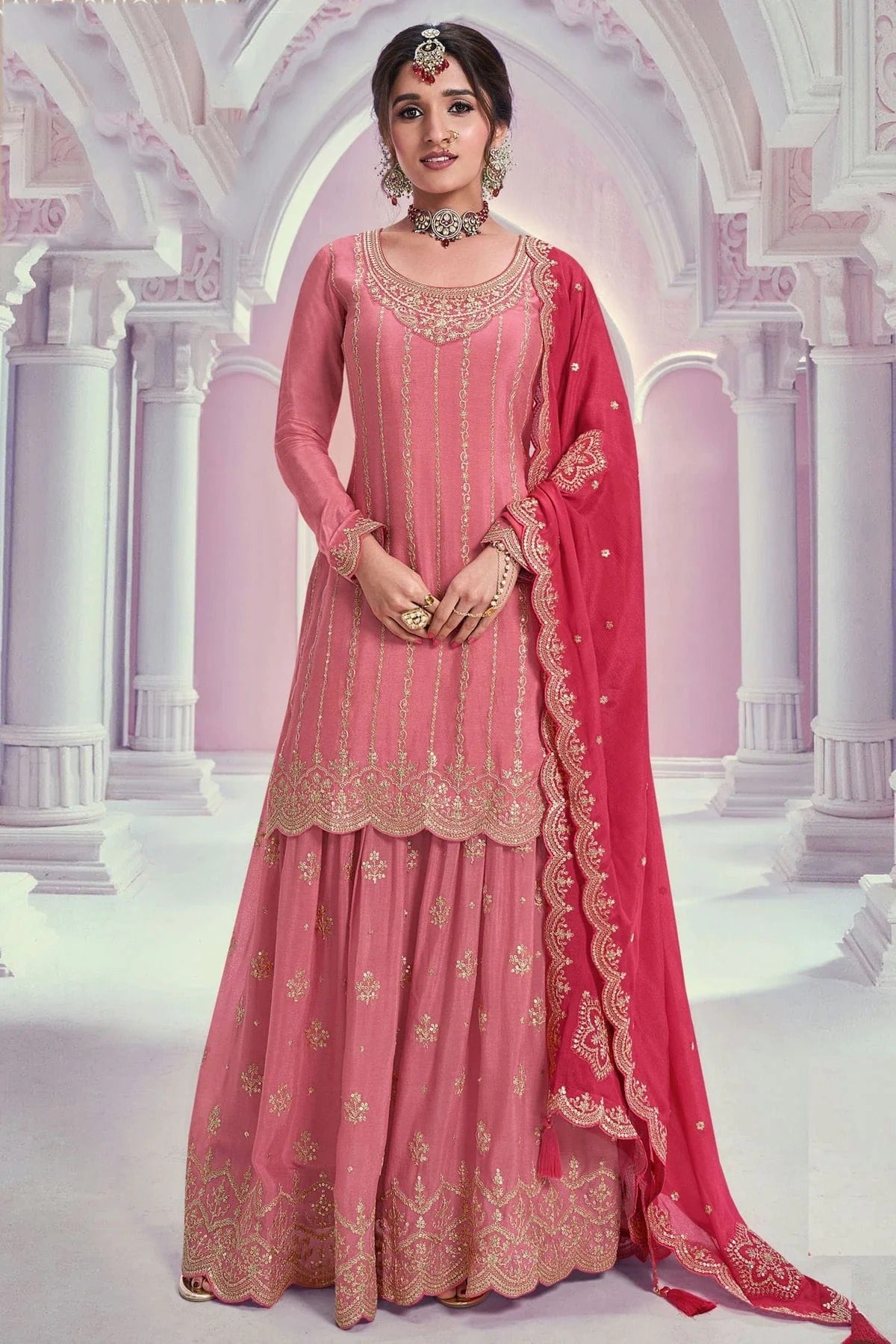 Pink Colour Chinon Palazzo Pant Suit SM1140604