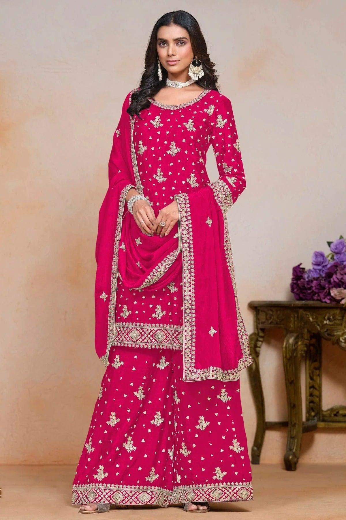 Pink Colour Chinon Semi Stitched Palazzo Pant Suit SM1050632 A