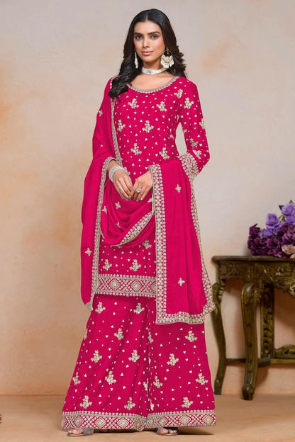 Pink Colour Chinon Semi Stitched Palazzo Pant Suit SM1050632 A