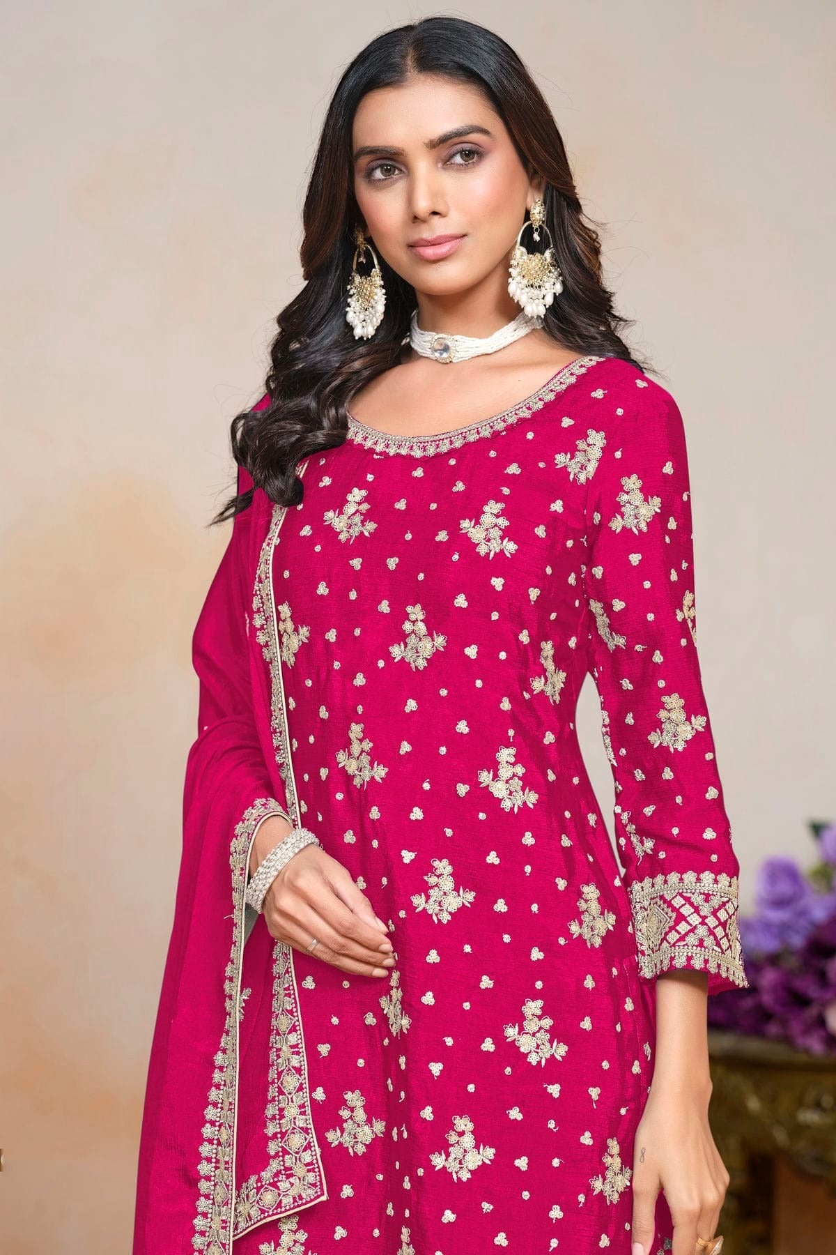Pink Colour Chinon Semi Stitched Palazzo Pant Suit SM1050632 B