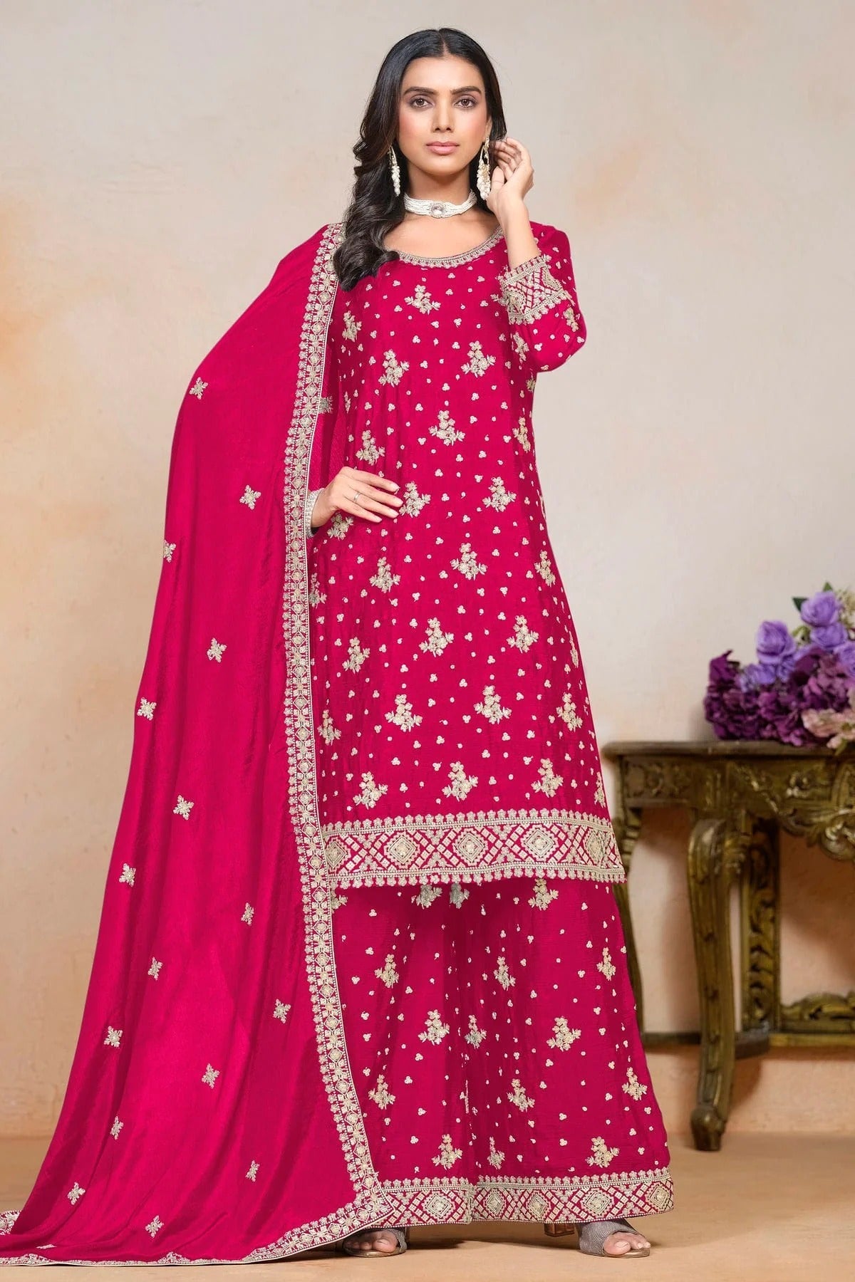 Pink Colour Chinon Semi Stitched Palazzo Pant Suit SM1050632
