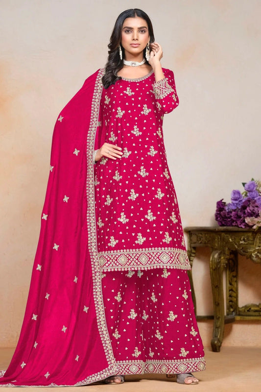 Pink Colour Chinon Semi Stitched Palazzo Pant Suit SM1050632
