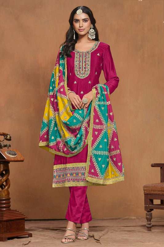 Pink Colour Chinon Semi Stitched Pant Style Suit SM1050594