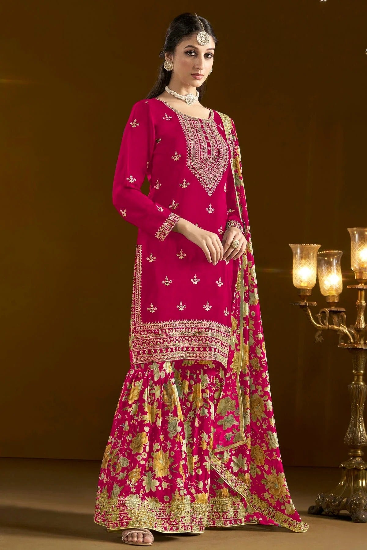 Pink Colour Chinon Semi Stitched Sharara Suit SM1050656 A
