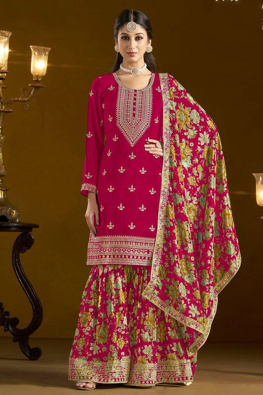 Pink Colour Chinon Semi Stitched Sharara Suit SM1050656