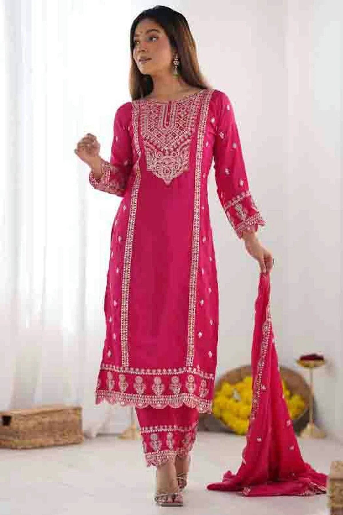Pink Colour Chinon Silk Stitched Pant Style Suit SS1140930