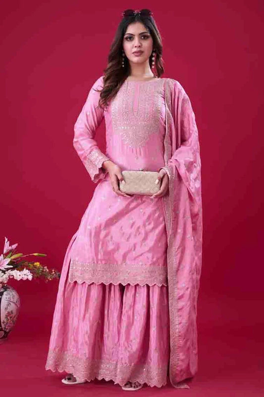 Pink Colour Chinon Silk Stitched Sharara Suit SS1140973