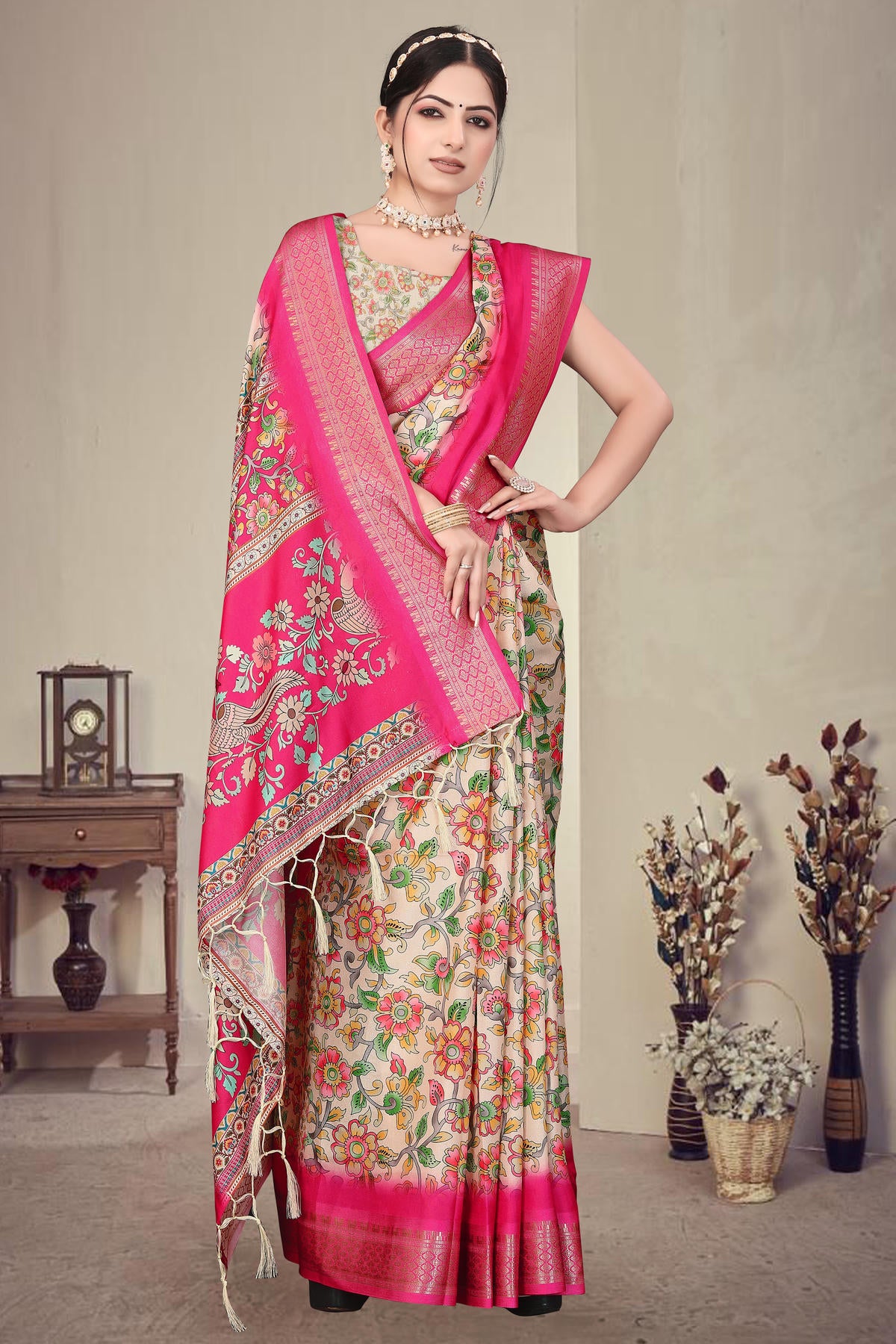 Pink Colour Cotton Silk Printed Saree