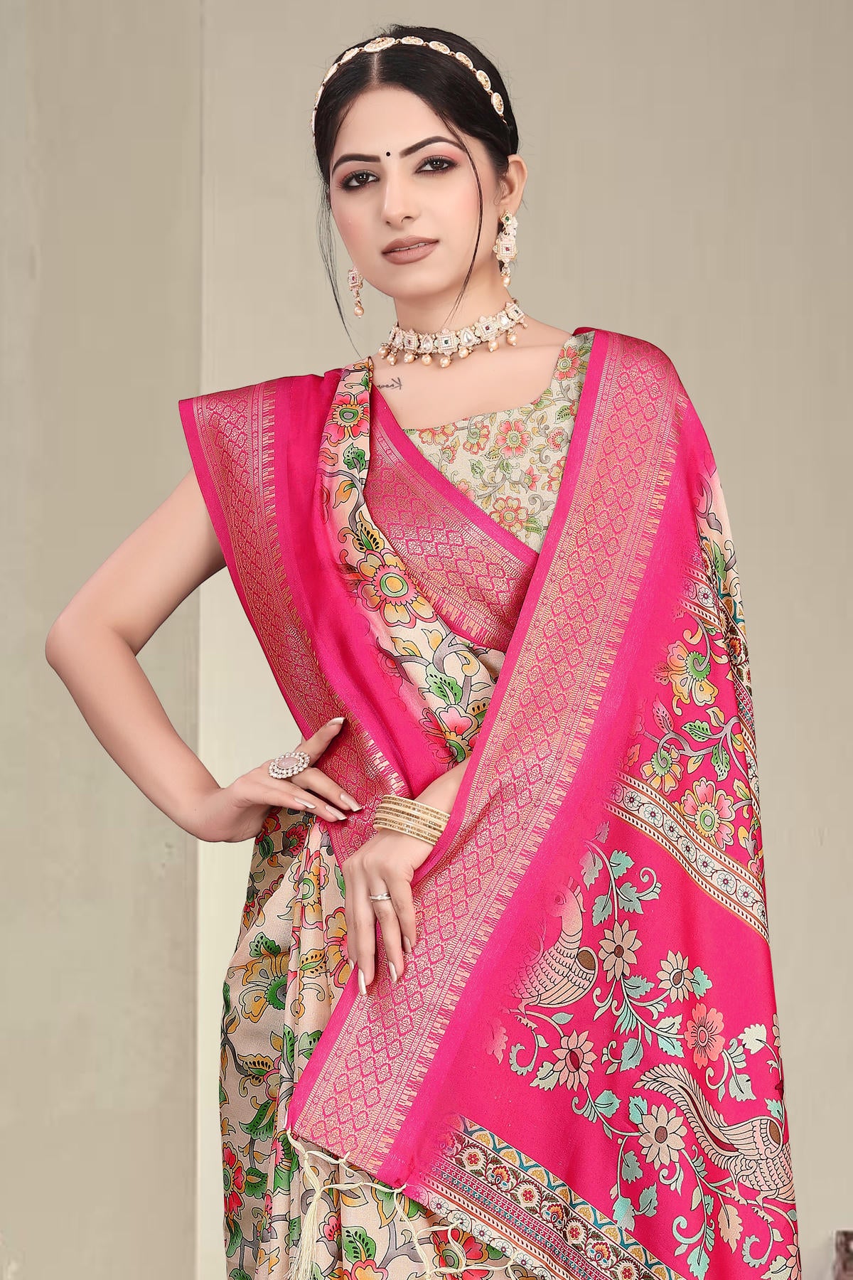 Pink Colour Cotton Silk Printed Saree