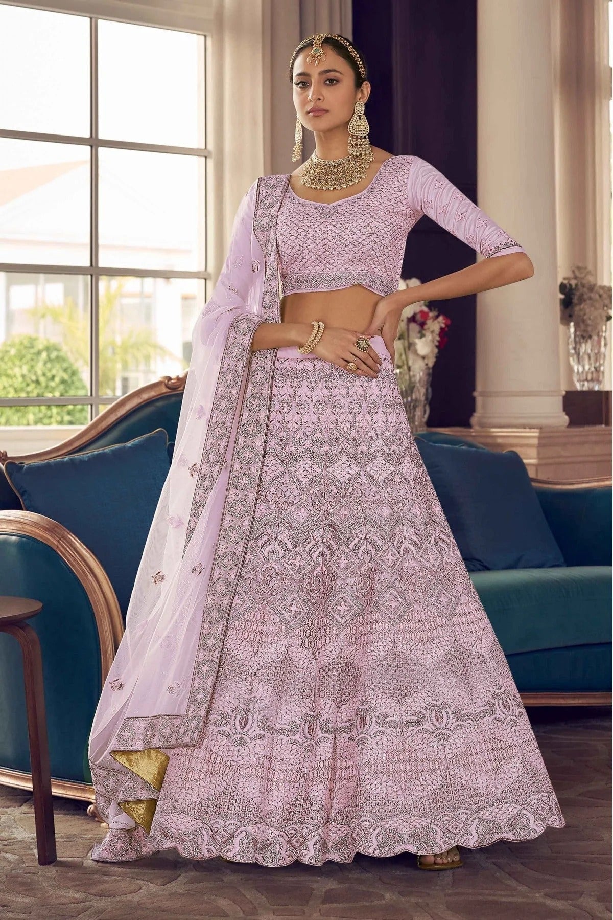 Pink Colour Crepe Thread Work Lehenga Choli LC1080167