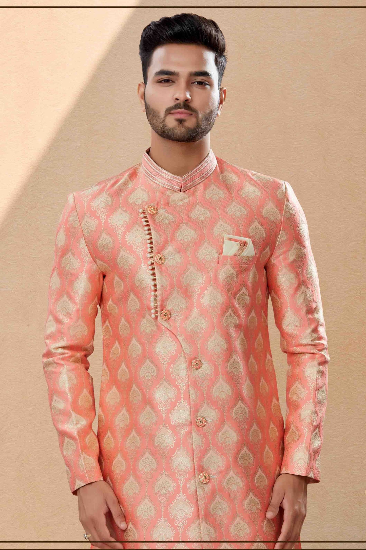 Pink Colour Dhoti Sherwani In Banarasi Jacquard Fabric SH1040398 A