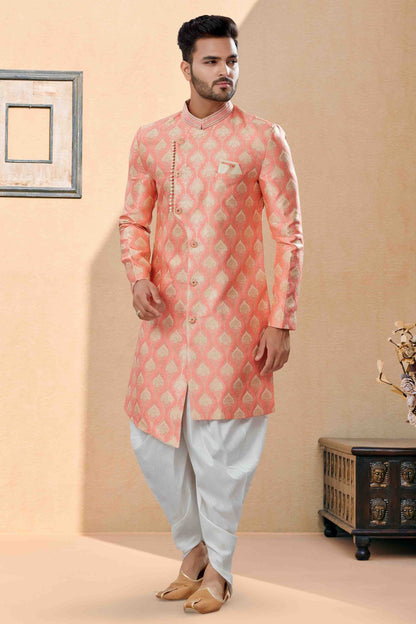 Pink Colour Dhoti Sherwani In Banarasi Jacquard Fabric SH1040398