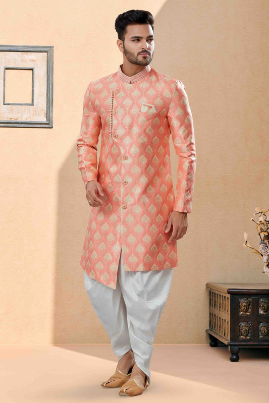 Pink Colour Dhoti Sherwani In Banarasi Jacquard Fabric SH1040398