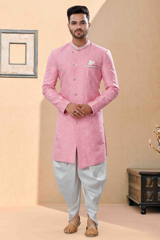 Pink Colour Dhoti Sherwani In Banarasi Jacquard Fabric SH1040436