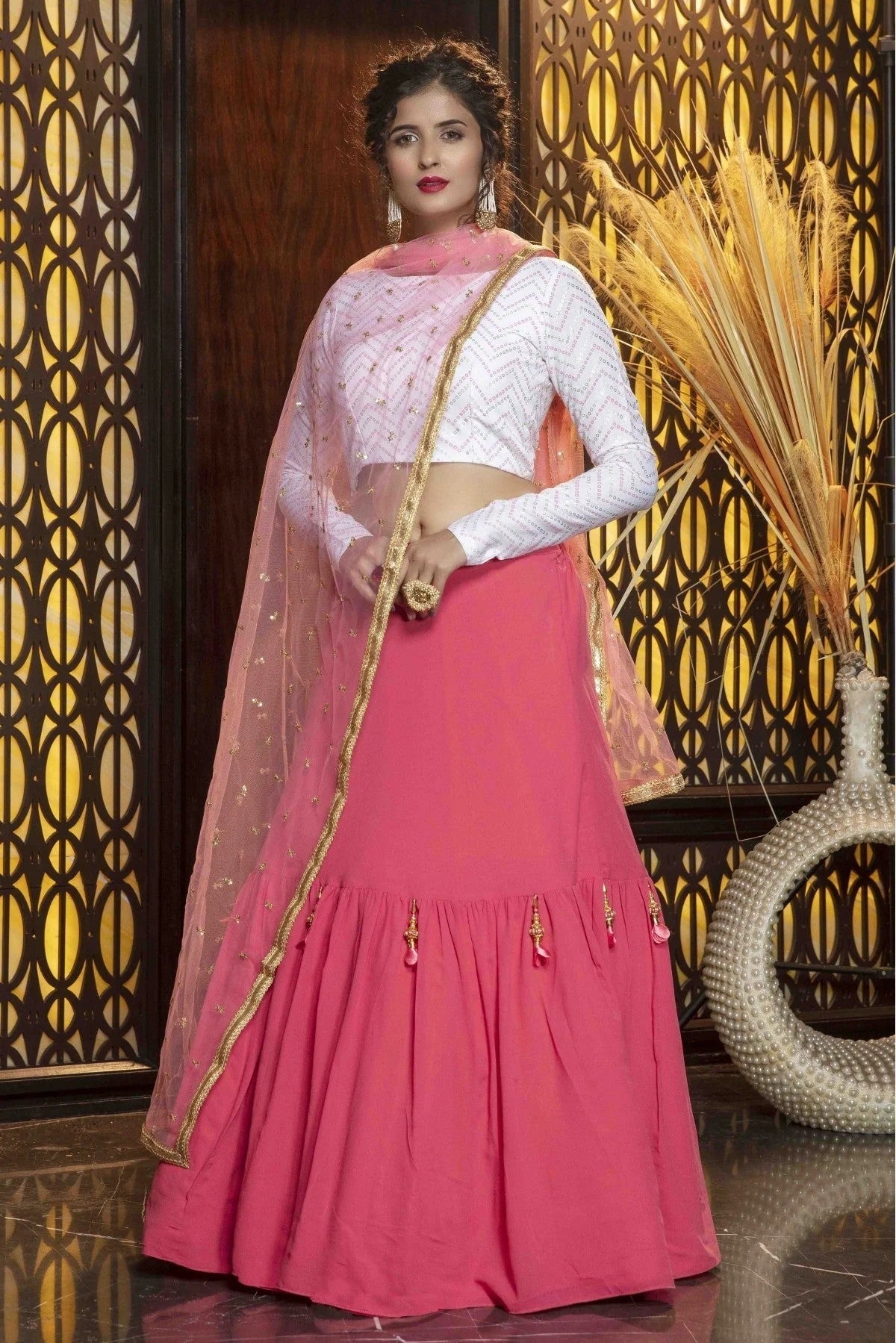Pink Colour Diamond Georgette Plain Lehenga Choli LC1150035