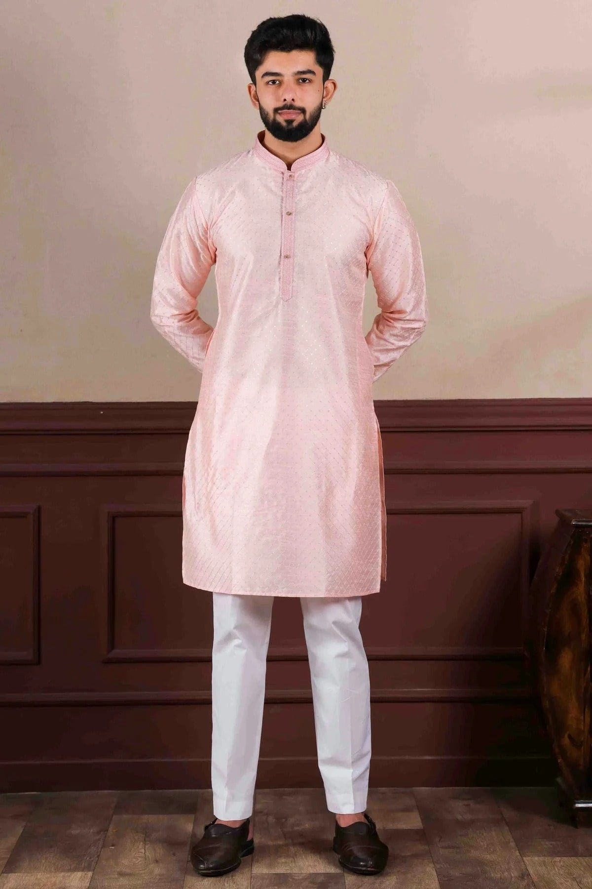 Pink Colour Embroidery Art Silk Kurta Pajama KP1113410