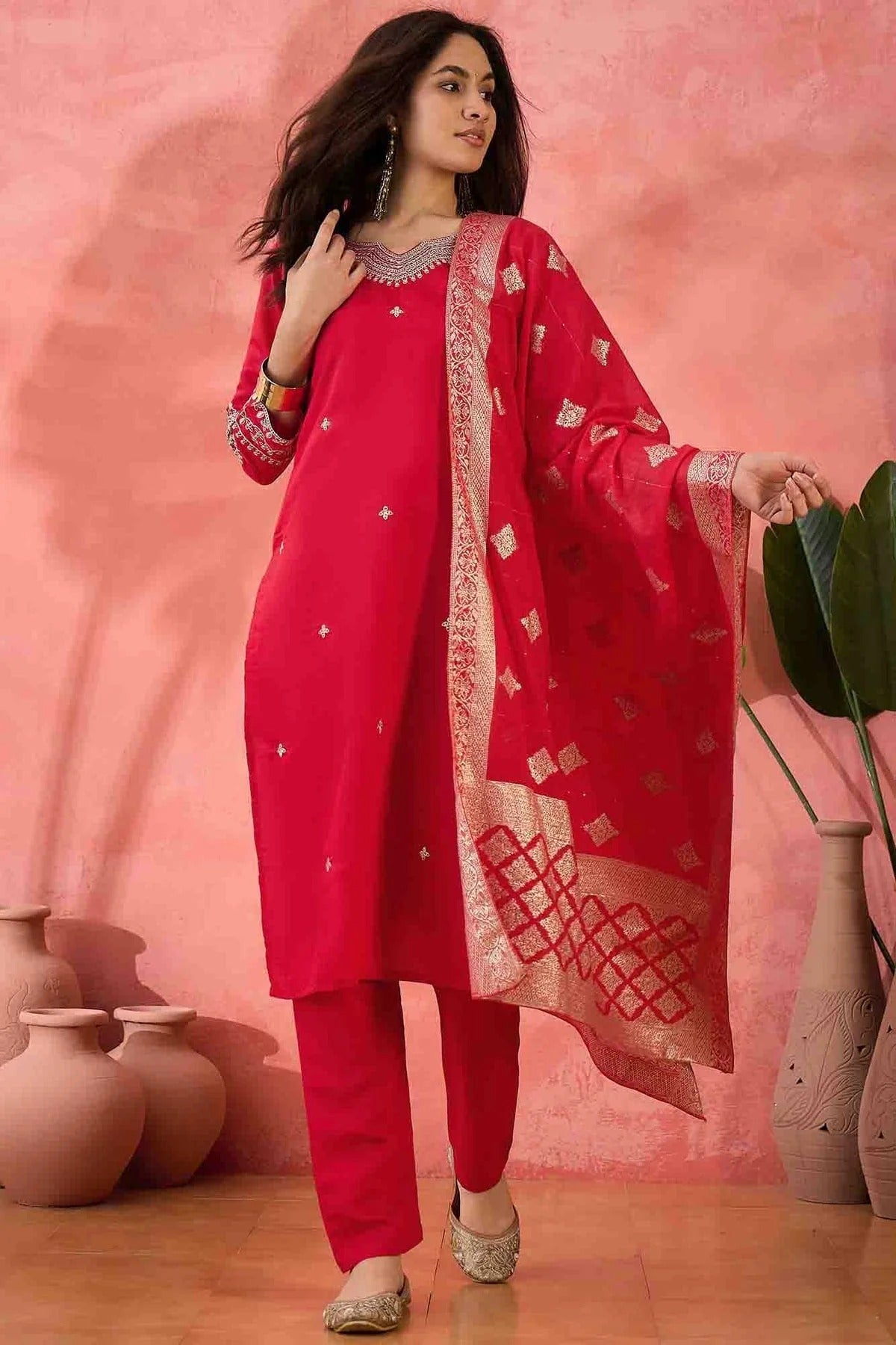 Pink Colour Embroidery Roman Silk Pant Style Suit SS1113516