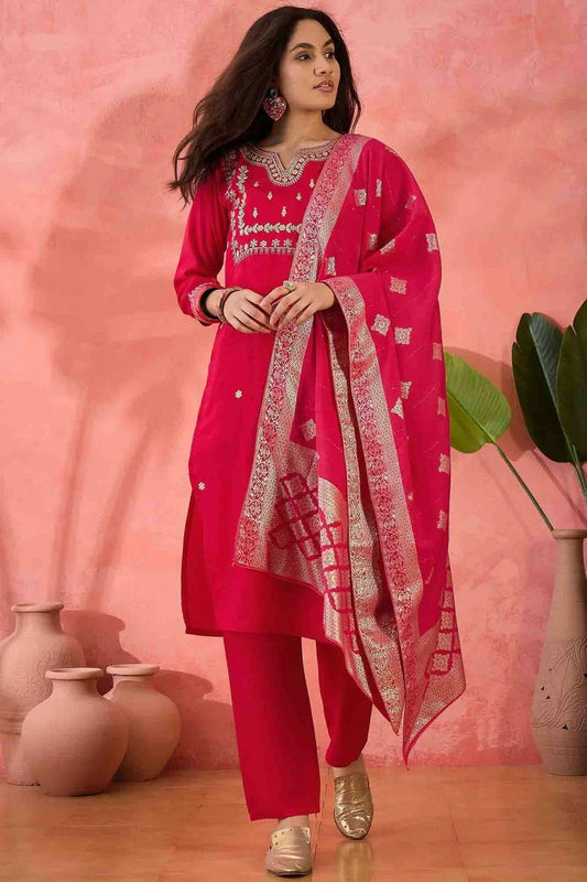 Pink Colour Embroidery Roman Silk Pant Style Suit SS1113520