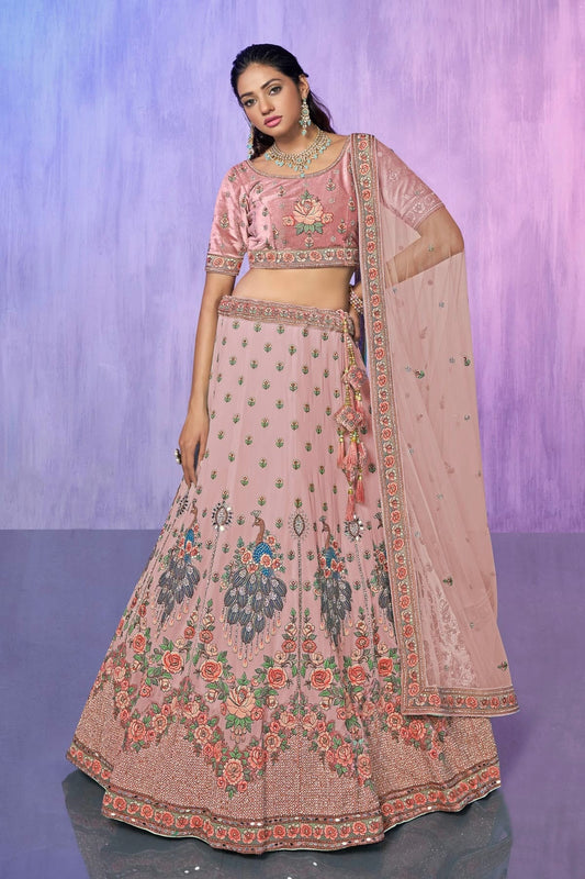 Pink Colour Embroidery Velvet Lehenga Choli LD1080744