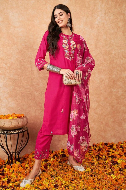 Pink Colour Embroidery Viscose Chanderi Stitched Suit SS1112473